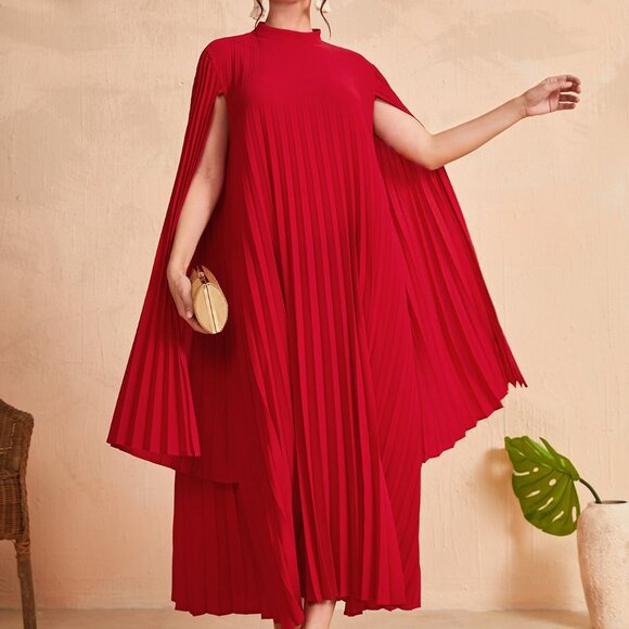 Red Party Women's Stand Collar Cloak Sleeve Dress - Picture 1 of 6